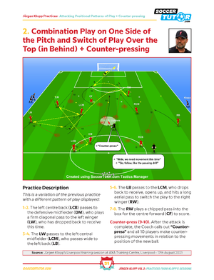A SoccerTutor diagram from Jurgen Klopp - 80 Attacking Combinations, Finishing, Positional Patterns of Play, Transition & SSGs Vol.2 shows player movements, passes, counter-pressing drills with instructions and positions on a green field.