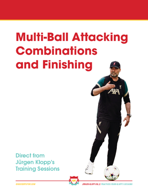 A man in a black tracksuit and cap gestures by a soccer ball. The text reads “Jürgen Klopp Vol 1 & 2 Bundle – 182 Practices Direct From Klopp's Training Sessions” by SoccerTutor, ideal for coaches wanting innovative drills.