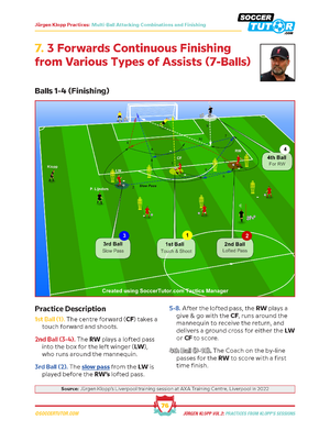 The Jurgen Klopp - 80 Attacking Combinations Vol.2 by SoccerTutor features diagrams with soccer balls, labeled player movements, passing routes, written steps, and coaching tips for 3 forwards on attacking patterns from Klopp’s training sessions.