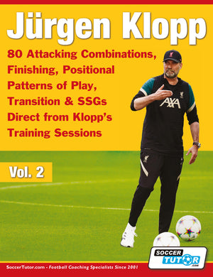 A SoccerTutor book cover shows Jurgen Klopp coaching on a soccer field, titled “Jurgen Klopp - 80 Attacking Combinations…Vol.2,” with text about finishing, positional play, training sessions, two soccer balls, and orange cones.