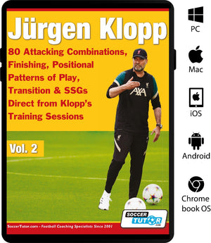 Book cover shows Jurgen Klopp in sportswear on a soccer field. Jurgen Klopp - 80 Attacking Combinations...Vol.2 by SoccerTutor highlights drills from his sessions and compatibility with top digital platforms via product logos.