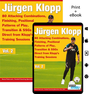 Book cover for Jurgen Klopp - 80 Attacking Combinations, Finishing, Positional Patterns of Play, Transition & SSGs Direct from Klopps Training Sessions - Vol.2 by SoccerTutor, with Klopp’s photo as print book and eBook on tablet; yellow/red text on orange background.