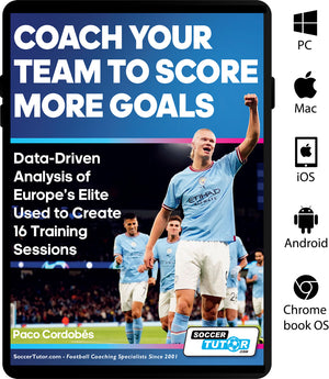 A tablet displays the “Coach Your Team to Score More Goals - Data-Driven Analysis of Europe's Elite Used to Create 16 Training Sessions” book cover by SoccerTutor, with celebrating soccer players and icons for compatibility on major devices.