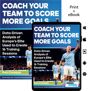Covers of "Coach Your Team to Score More Goals - Data-Driven Analysis of Europe's Elite Used to Create 16 Training Sessions" by SoccerTutor, with soccer players in light blue kits and icons for print, eBook, Windows, Mac, Apple & Android.