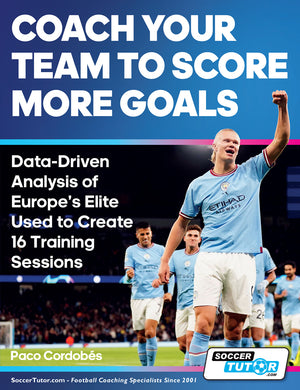A soccer player in light blue celebrates with teammates. Text: "Coach Your Team to Score More Goals – 16 training sessions designed from data-driven analysis of Europe's elite.” Brand: SoccerTutor.