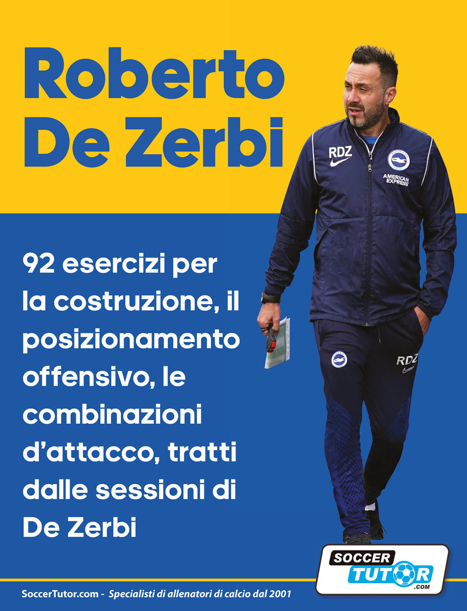 A man in a dark blue tracksuit walks holding a booklet. Text beside him: SoccerTutor - Roberto De Zerbi: 92 esercizi per la costruzione, il posizionamento offensivo, le combinazioni d'attacco, tratti dalle sue sessioni.