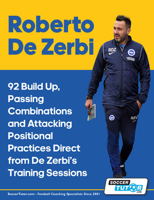 Roberto De Zerbi, in a Brighton tracksuit with a notebook, showcases SoccerTutor’s 92 Build Up, Passing Combinations and Attacking Positional Practices—direct from his training sessions for modern soccer coaching.