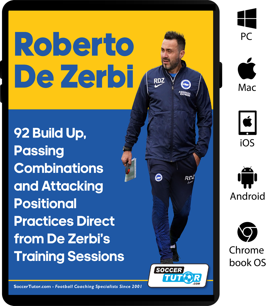 A digital book cover for Roberto De Zerbi - 92 Build Up, Passing Combinations and Attacking Positional Practices Direct from De Zerbi’s Training Sessions by SoccerTutor features him in a tracksuit with a notebook. Centered Helvetica Neue text; device icons right.