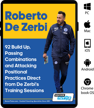 A digital book cover for Roberto De Zerbi - 92 Build Up, Passing Combinations and Attacking Positional Practices Direct from De Zerbi’s Training Sessions by SoccerTutor features him in a tracksuit with a notebook. Centered Helvetica Neue text; device icons right.