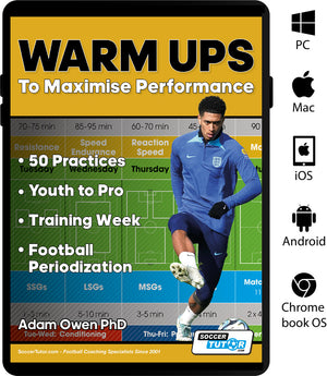 A soccer player in a blue kit kicks a ball on SoccerTutors guide cover, Warm Ups to Maximise Performance: 50 Practices | Youth to Pro | Training Week | Football Periodization, with info and logos for multiple operating systems.