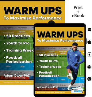 A book and tablet show the cover of SoccerTutor’s Warm Ups to Maximise Performance: 50 Practices | Youth to Pro | Training Week | Football Periodization, featuring a soccer player in blue and a green schedule chart.