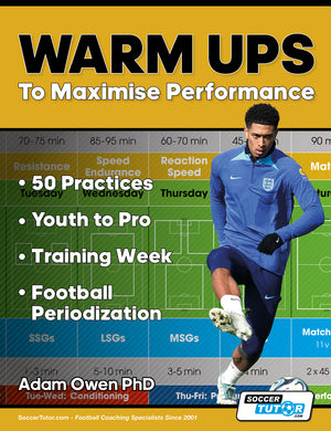 A male soccer player in a blue training kit kicks a ball on a green field. The poster features SoccerTutors Warm Ups to Maximise Performance: 50 Practices | Youth to Pro | Training Week | Football Periodization.