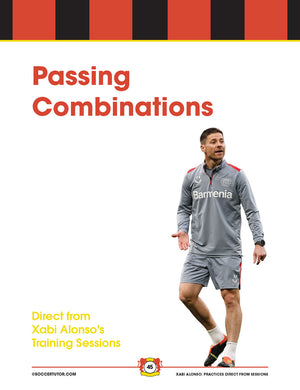 A man in a gray training kit labeled Barmenia gestures, with "Passing Combinations" and Xabi Alonso's sessions above. Perfect as item content for SoccerTutor’s Xabi Alonso - 82 Passing, Positional Possession & Attacking Practices from Bayer Leverkusen.