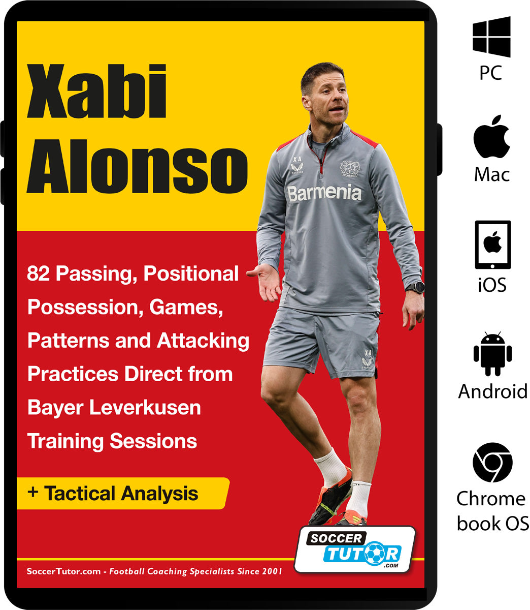A soccer coach in a gray tracksuit gestures on the field, illustrating Xabi Alonso - 82 Passing, Positional Possession, Games, Patterns, and Attacking Practices Direct from Bayer Leverkusen Training Sessions by SoccerTutor.