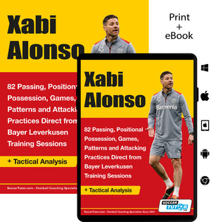 The image shows the book and eBook cover for "Xabi Alonso - 82 Passing, Positional Possession, Games, Patterns, and Attacking Practices Direct from Bayer Leverkusen Training Sessions" by SoccerTutor. See product info for details.