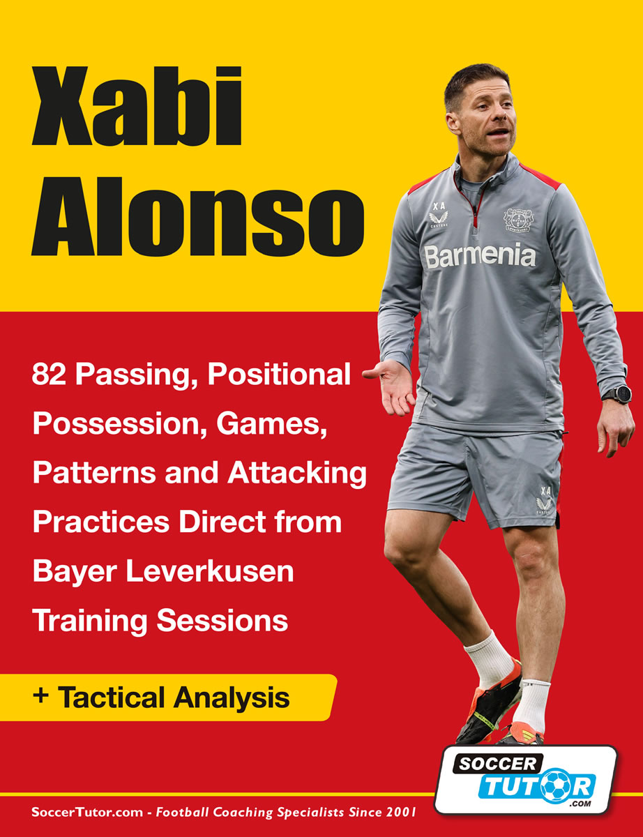 A man in a gray Bayer Leverkusen tracksuit stands before a yellow and red background featuring details about "Xabi Alonso - 82 Passing, Positional Possession, Games, Patterns, and Attacking Practices." The SoccerTutor logo appears below.