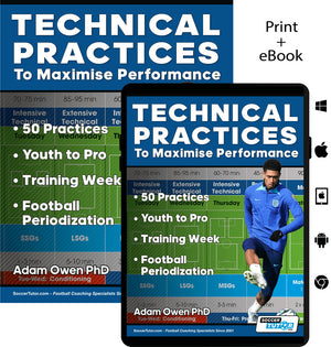 A book cover and tablet display SoccerTutors Technical Practices to Maximise Performance: 50 Practices - Youth to Pro - Training Week - Football Periodization featuring a football player, pitch graphic, and key topics like training and periodization.