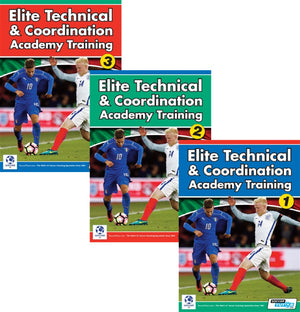 Three Elite Technical & Coordination Academy Training covers from SoccerTutor feature two players (one blue, one white) on a soccer field. This 3-video bundle includes 292 exercises. No further product info available.