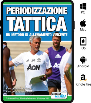 A man in a white sports shirt holds a notebook and pen outdoors with two others. The Italian title "LA PERIODIZZAZIONE TATTICA - un metodo di allenamento vincente" from SoccerTutor appears, alongside device icons at the right.