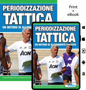 The image shows the cover of "LA PERIODIZZAZIONE TATTICA - un metodo di allenamento vincente" by SoccerTutor, available as both a book and eBook. Both covers feature a football coach with a clipboard—ideal for coaching fans.