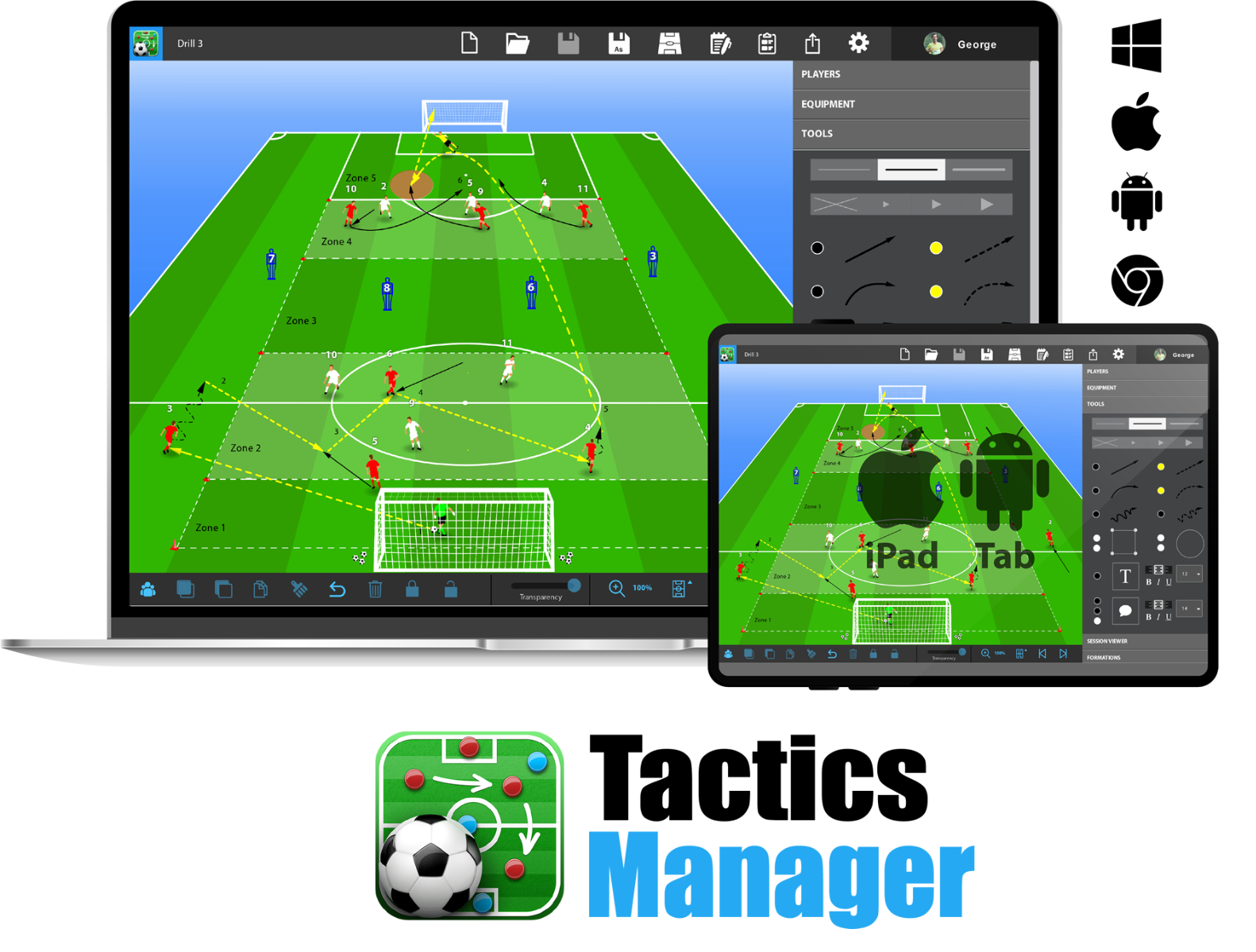 The Tactics Manager Pro app by SoccerTutor is shown on a laptop and tablet, displaying soccer tactics tools for creating drills and session plans. Platform icons for Windows, Mac, iOS, and Android appear above with the SoccerTutor logo below.