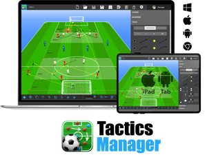 The Tactics Manager Pro app by SoccerTutor is shown on a laptop and tablet, displaying soccer tactics tools for creating drills and session plans. Platform icons for Windows, Mac, iOS, and Android appear above with the SoccerTutor logo below.