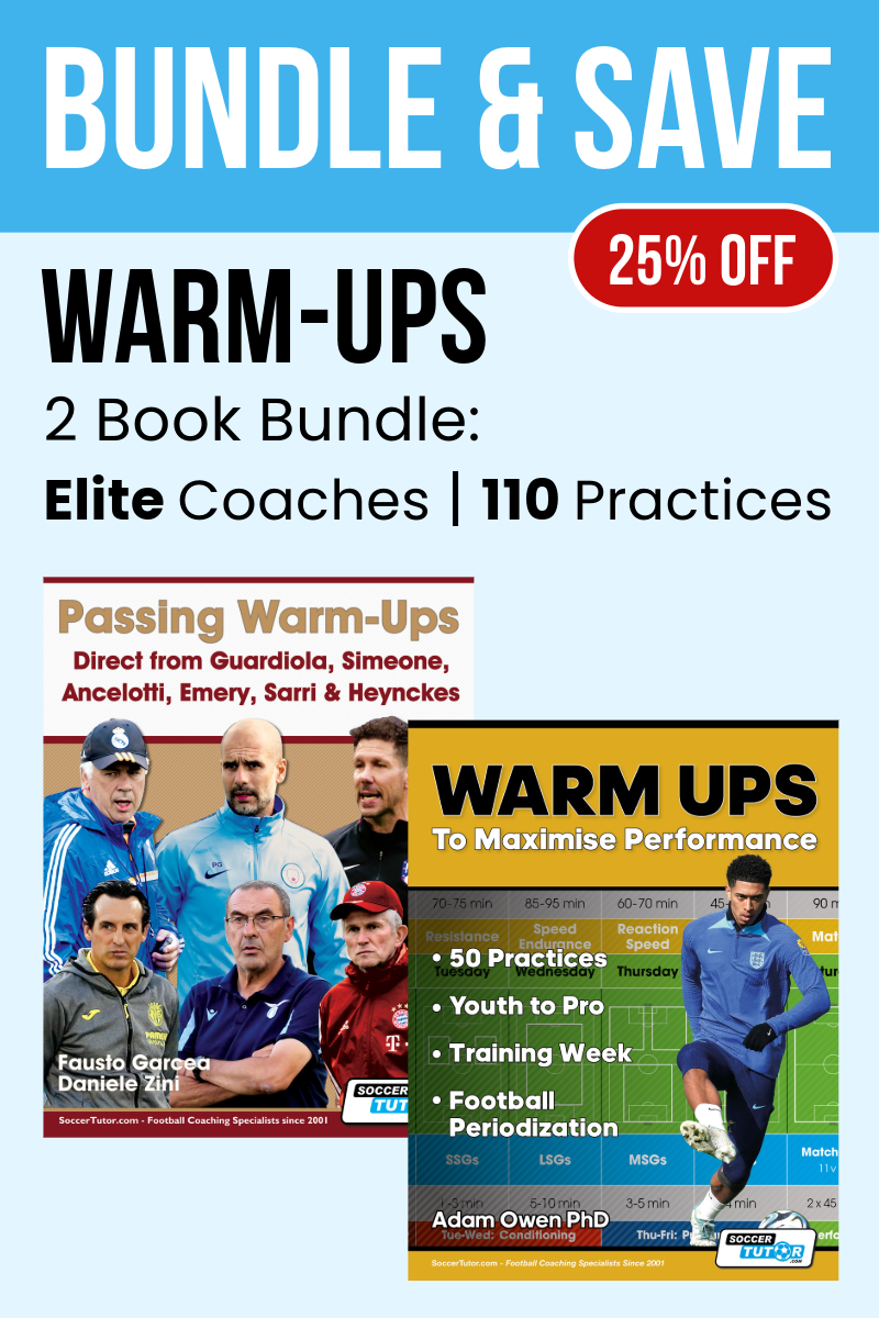 Promotional graphic for Fast Bundle's 110 Warm Up Practices Bundle (Save 25%), featuring two warm-up books by top coaches, a 25% OFF label, and cover images of both books with coaches and players.