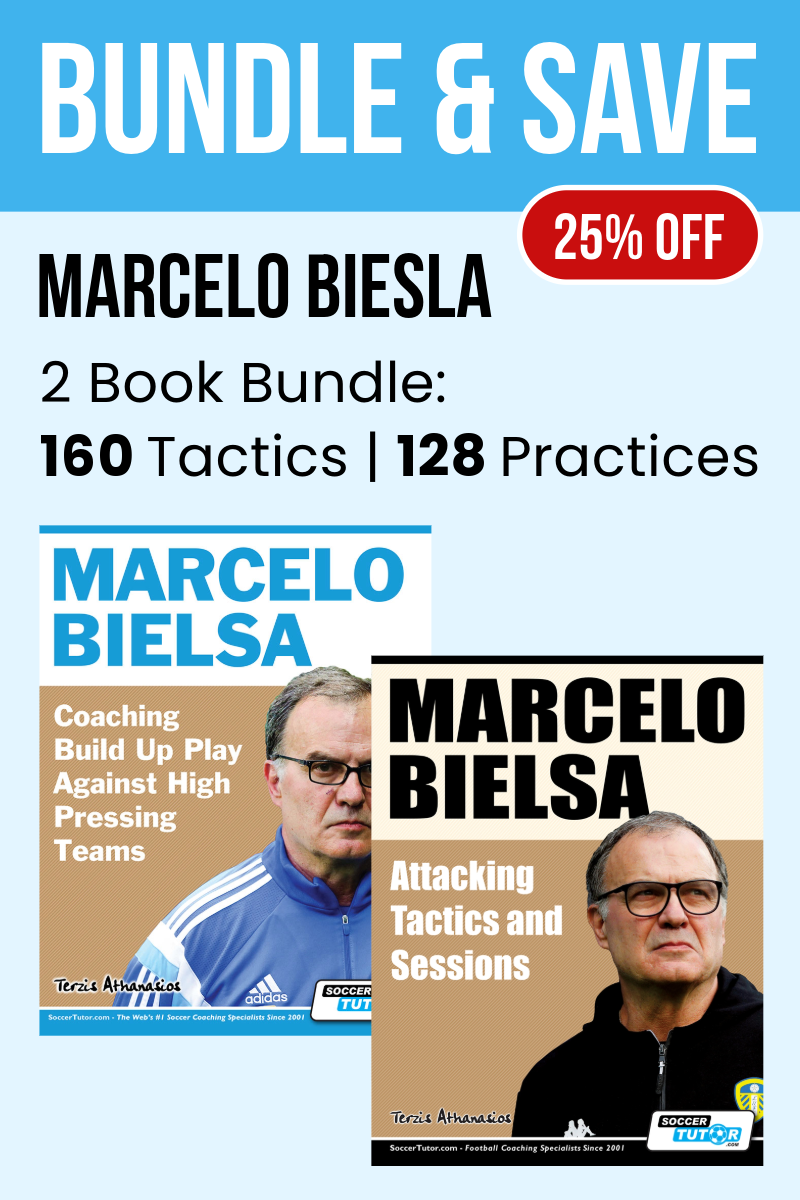 Fast Bundle’s Marcelo Bielsa 2 Book Bundle—160 tactics, 128 practices—now 25% off. Includes Coaching Build Up Play Against High Pressing Teams and Attacking Tactics and Sessions. Blue and white design highlights Bielsa’s unique coaching insights.