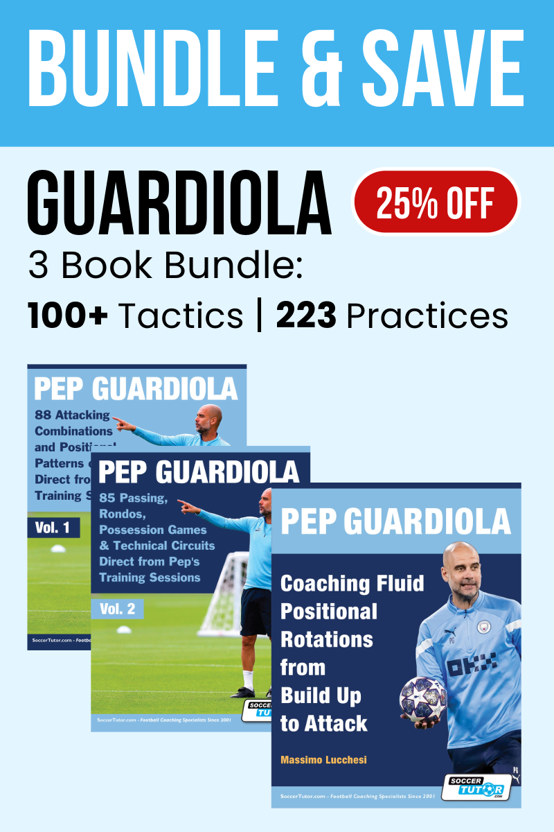 Fast Bundle’s Pep Guardiola 3 Book Bundle – SAVE 25%. Features covers of all three books, a bold red "25% off" label, and highlights over 100 tactics plus 223 training sessions.