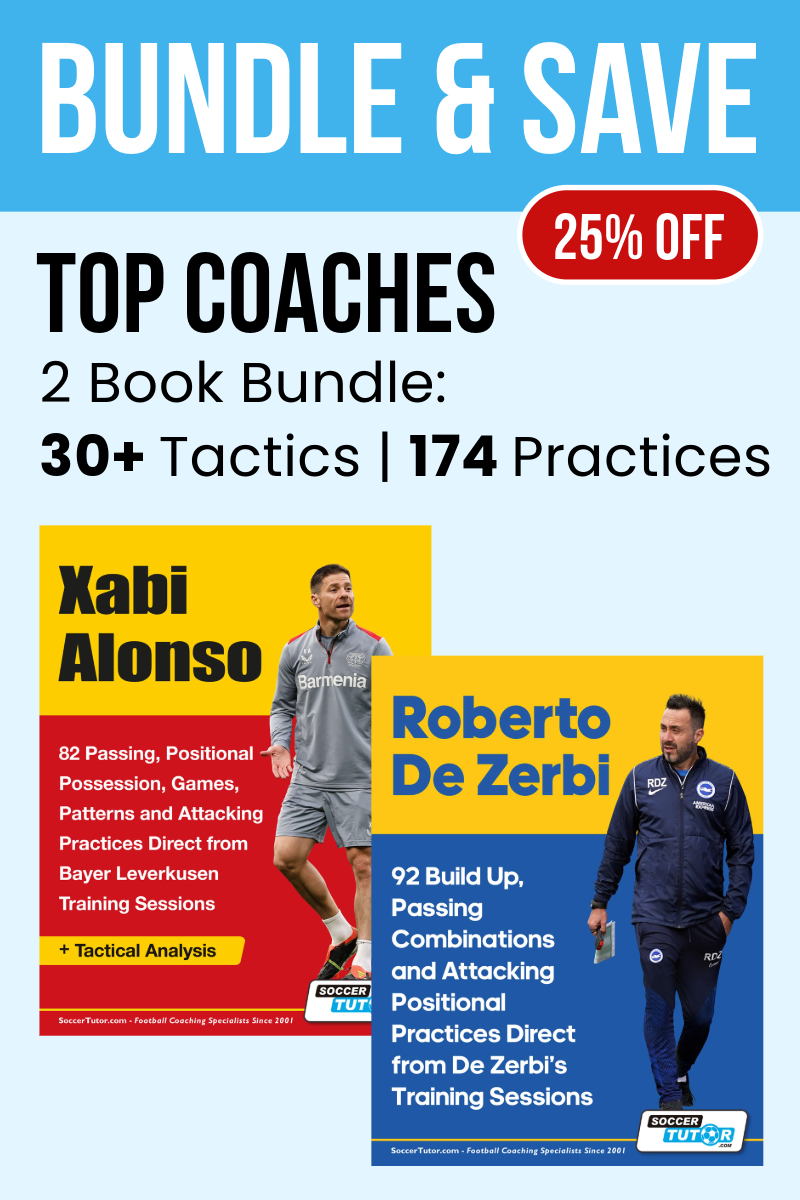 Promotional image for Fast Bundle’s "174 Practices: Xabi Alonso + Roberto De Zerbi Bundle (Save 25%)," showcasing book covers and a 25% off label, and featuring top coaching tactics from both leading coaches.