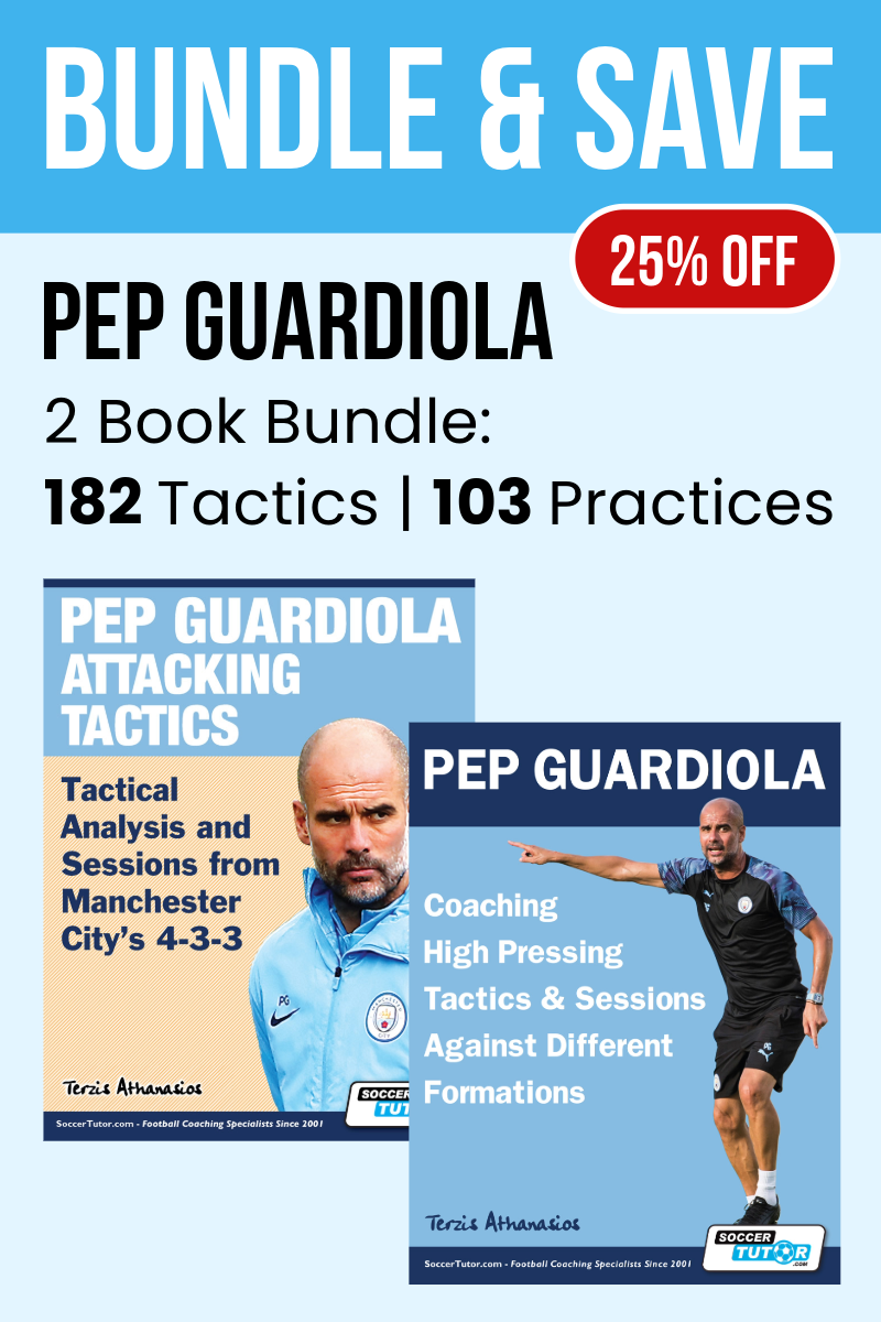 Promotional graphic for the Fast Bundle “Pep Guardiola Attacking & Defending Bundle – 182 Tactics + 103 Practices,” showing book covers and bold text: Save 25%, Master Pep Guardiola’s attacking and defending tactics to train your team.