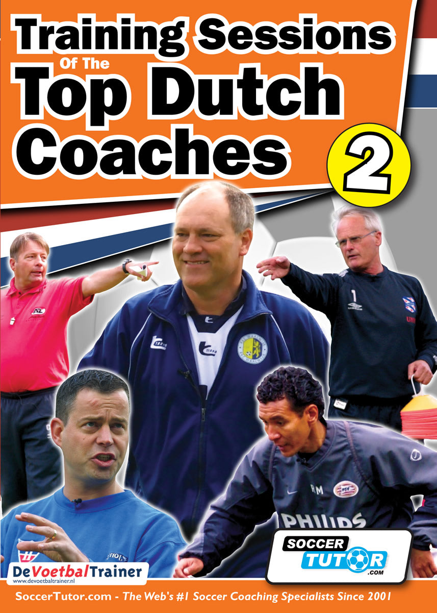The cover of SoccerTutor’s "Training Sessions of the Top Dutch Coaches - Vol.2" features five male coaches, club logos, and orange, white, and blue accents—showcasing elite professional football training sessions.