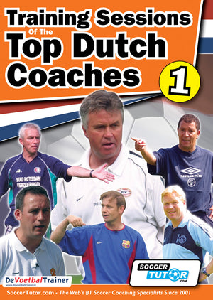 The book cover for Training Sessions of the Top Dutch Coaches - Vol.1 by SoccerTutor features top Dutch coaches, a large soccer ball backdrop, coach photos, and brand logos—ideal for soccer coaching enthusiasts.