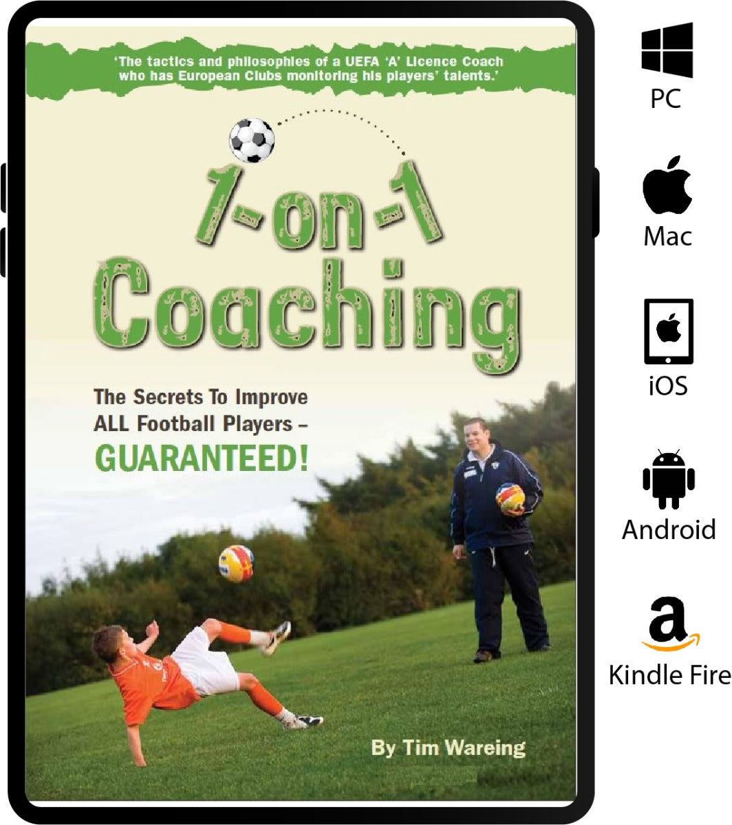 Book cover for "1 on 1 Coaching - The Secrets to Improve ALL Football Players" by SoccerTutor, shows a coach watching a young player kick a soccer ball. Highlights coaching secrets with device compatibility icons on the right.