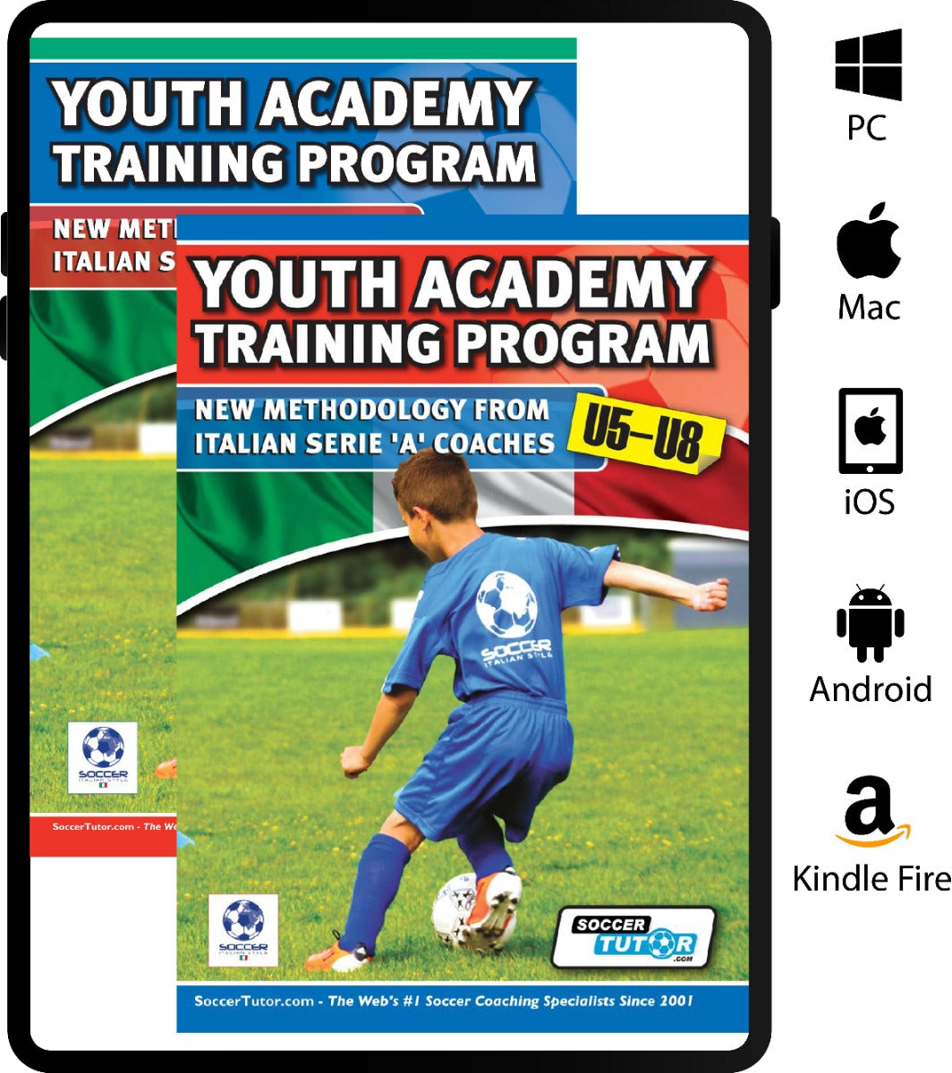 A boy in a blue soccer uniform kicks a ball on a green field. Text promotes SoccerTutors Youth Academy Training Program U5-8 - eBook and Video Bundle, featuring new coaching methods for PC, Mac, iOS, Android, and Kindle Fire.
