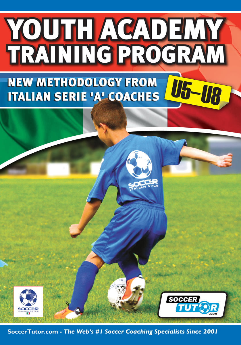 A young boy in a blue soccer uniform kicks a ball on a field. Bold text promotes SoccerTutors Youth Academy Training Program U5-8, featuring new methodology from Italian Serie ‘A’ coaches in video format.