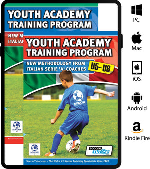 Cover of the SoccerTutor Youth Academy Training Program U5-8 eBook and Video Bundle, showing a young boy kicking a soccer ball. Compatible with PC, Mac, iOS, Android & Kindle Fire—ideal for coaching ages U5–U8 the Italian way.