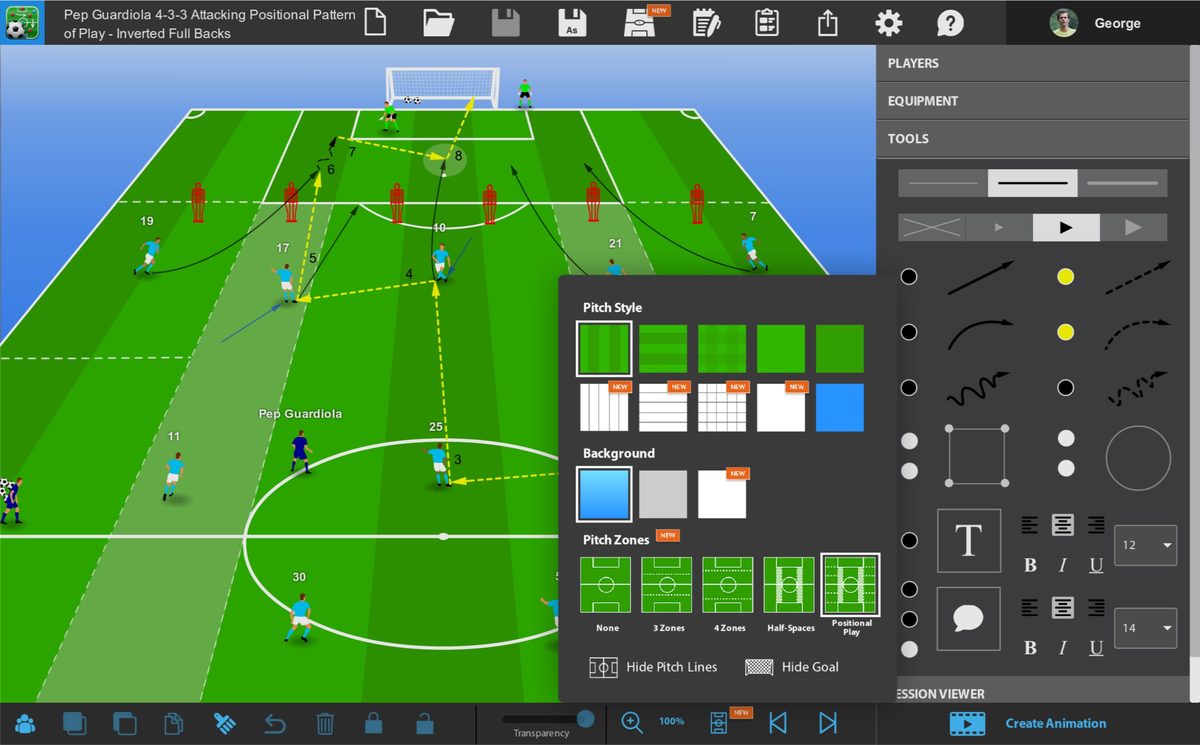 Tactics Manager 4.6.5 Positional Play pitch zones on a Pep Guardiola 4-3-3 practice