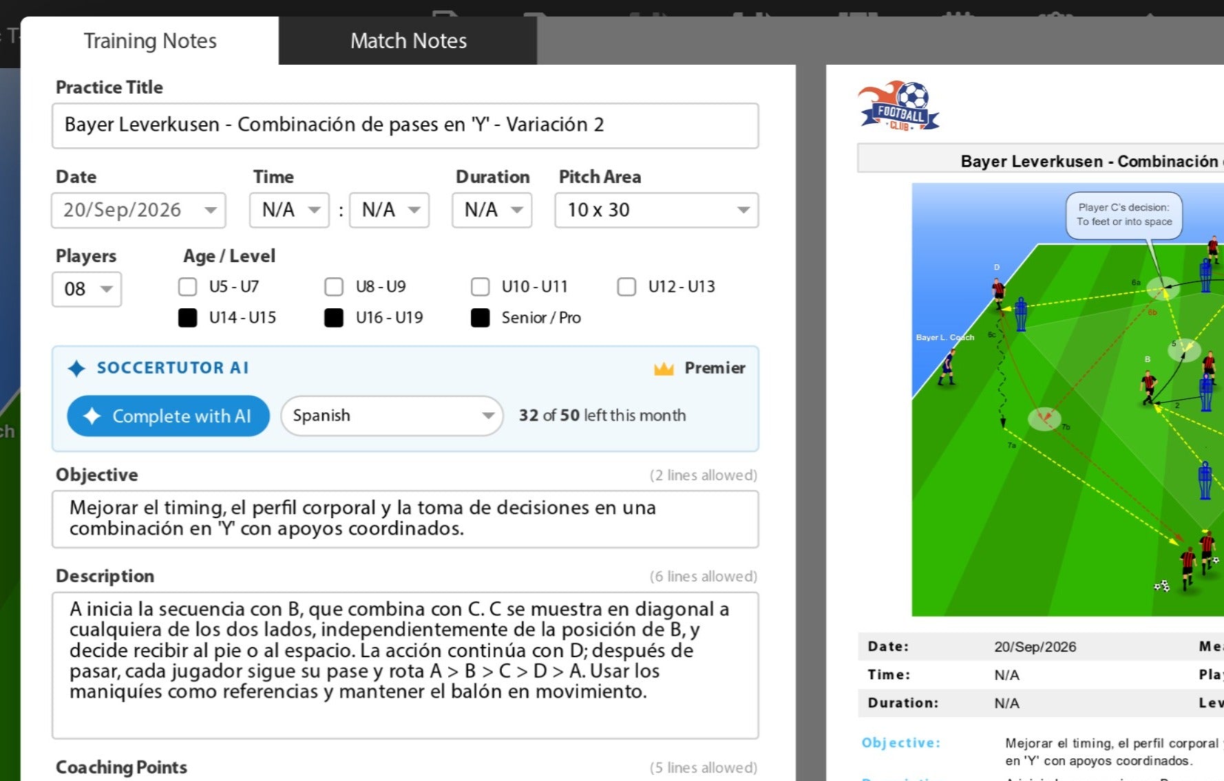 Complete Training Notes in Seconds with SoccerTutor AI - Tactics Manager