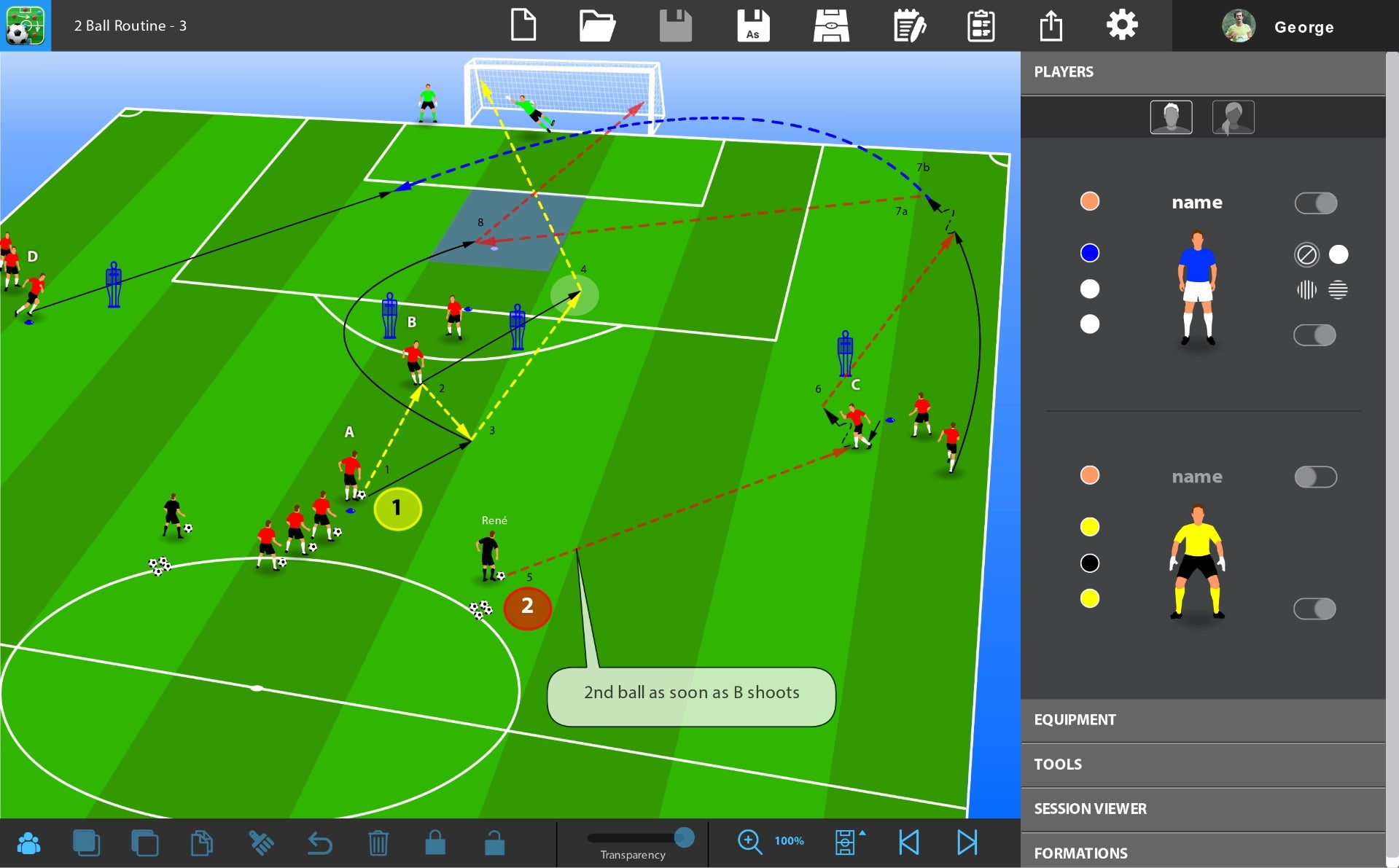 The SoccerTutor Tactics Manager Pro app displays a 2-ball soccer drill diagram with colored lines for passes, runs, and player movements, including coaching software legends and player positions for easy session planning.