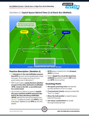 Beat the Press With a Box Midfield by SoccerTutor: Features a 3-at-back soccer tactics diagram, blue midfielders passing around red defenders with arrows for options, detailed coaching points, and practice sessions inspired by Guardiola, Alonso, and Arteta.