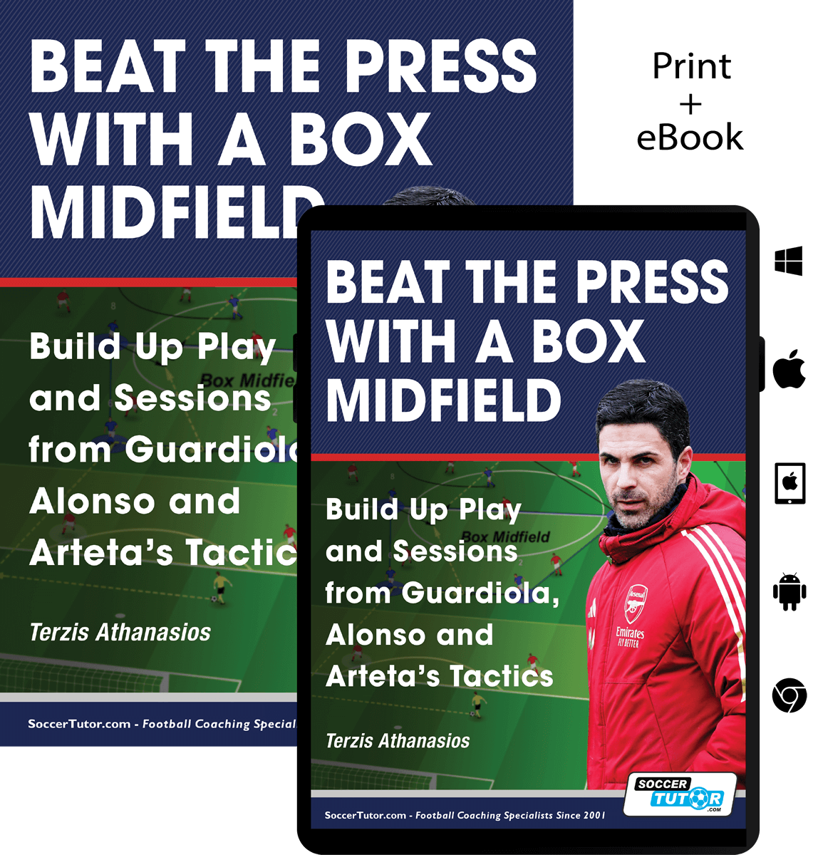 SoccerTutor’s Beat the Press With a Box Midfield covers build-up play and sessions inspired by Guardiola, Alonso and Arteta. Features a football coach in red—ideal for fans of modern tactical strategy. Book and tablet cover included.