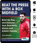 Book cover for "Beat the Press With a Box Midfield - Build Up Play and Sessions from Guardiola, Alonso and Arteta's Tactics" by SoccerTutor, featuring a soccer coach, bold title text, and icons showing device compatibility.