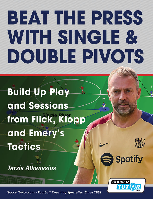A man in a beige soccer jersey stands by a tactical board. Large text reads: “Beat the Press With Single & Double Pivots.” Learn Flick, Klopp, and Emery's midfield build-up tactics with SoccerTutor’s latest training guide.