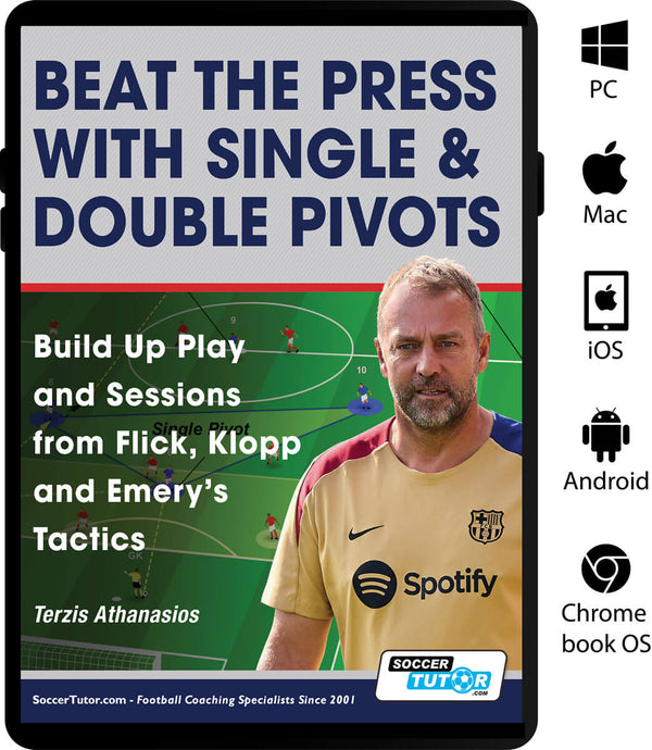 A tablet shows the cover of SoccerTutor’s "Beat the Press With Single & Double Pivots – Build Up Play and Sessions from Flick, Klopp and Emery's Tactics," featuring a coach image and icons for PC, Mac, iOS, Android, and Chromebook—ideal for soccer coaches.