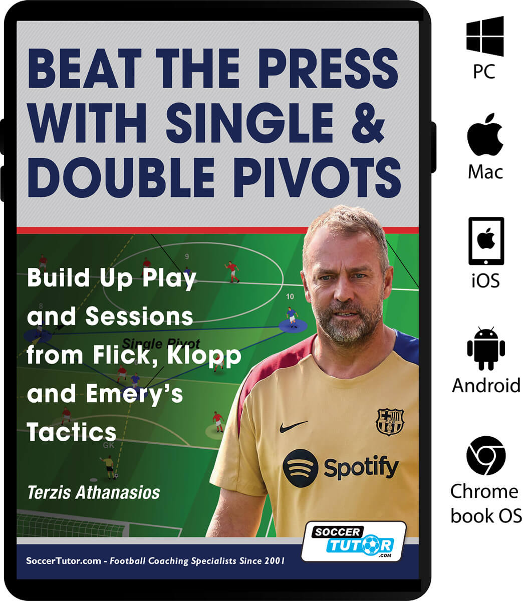 Book cover for SoccerTutor’s Beat the Press With Single & Double Pivots – Build Up Play and Sessions from Flick, Klopp and Emerys Tactics, featuring a soccer coach in yellow. Includes device compatibility icons.