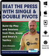 A tablet shows the cover of SoccerTutor’s "Beat the Press With Single & Double Pivots – Build Up Play and Sessions from Flick, Klopp and Emery's Tactics," featuring a coach image and icons for PC, Mac, iOS, Android, and Chromebook—ideal for soccer coaches.
