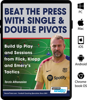 Book cover for SoccerTutor’s Beat the Press With Single & Double Pivots – Build Up Play and Sessions from Flick, Klopp and Emerys Tactics, featuring a soccer coach in yellow. Includes device compatibility icons.