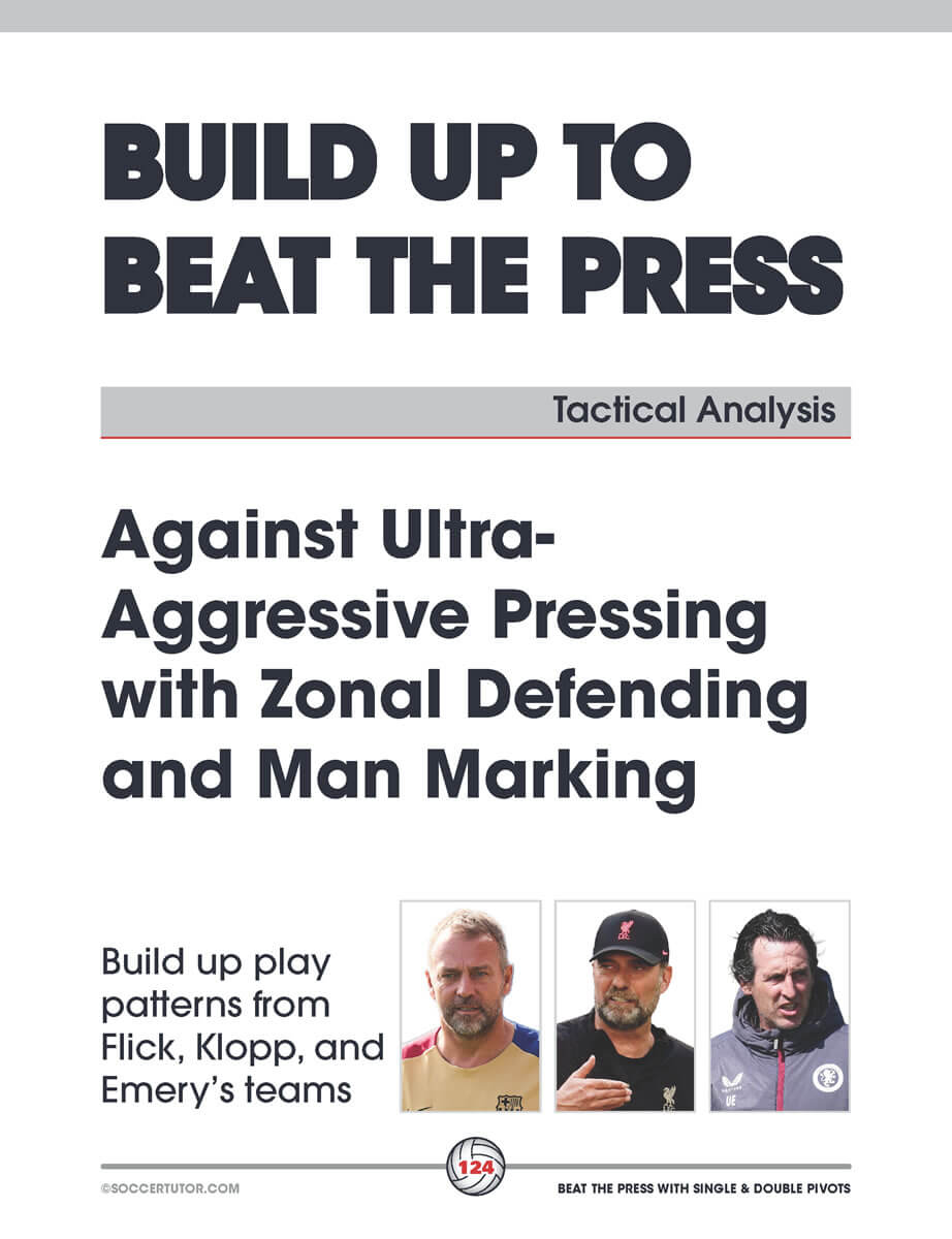 Cover of SoccerTutor’s Beat the Press With Single & Double Pivots - Build Up Play and Sessions from Flick, Klopp and Emerys Tactics, featuring tactics to overcome aggressive pressing with zonal defending and man marking.