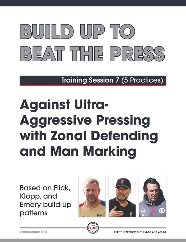 Cover of "Beat the Press With Single & Double Pivots" by SoccerTutor—soccer training guide with build-up play sessions inspired by Flick, Klopp, and Emery’s tactics; includes photos of three coaches.